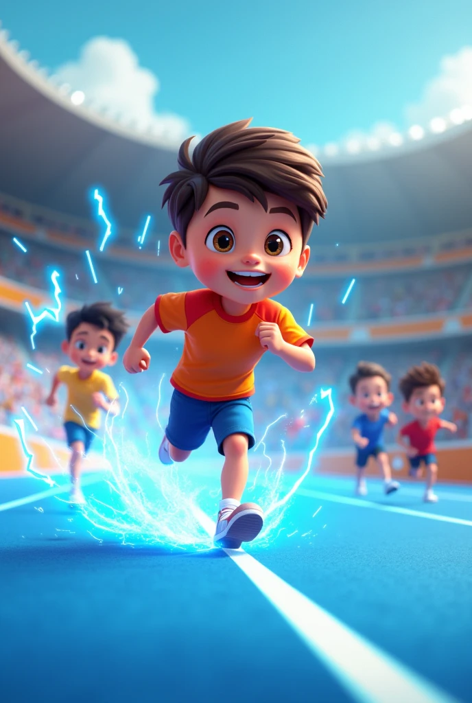 Cartoon of cute young energetic boy, running on very high speed in a race with other cute boys, running in a stadium on 100m racing tracks, blue and white electricity flowing around him in circles around him.