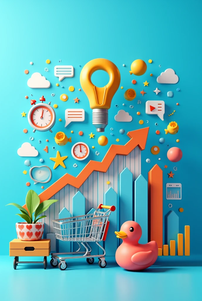 This vibrant image captures a collection of business and marketing related items arranged in a visually stimulating manner. It features a variety of symbols and tools such as shopping carts, glasses, mobile devices, and playful icons like ducks and balls, all laid out against a bright blue background. Each item is clearly depicted to showcase its importance in the business world, with graphs demonstrating growth and arrows indicating trends. This image is a creative representation of the modern market environment, emphasizing the dynamic and colorful nature of today's business strategies.