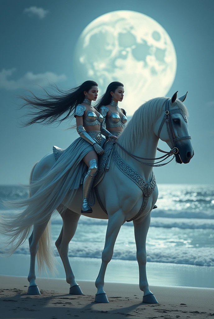 2woman (mount white horse), white horse big, Black hair very long large,abdômen detailed, moon, Beach,silver armor,8k, ultra quality.(Mount)