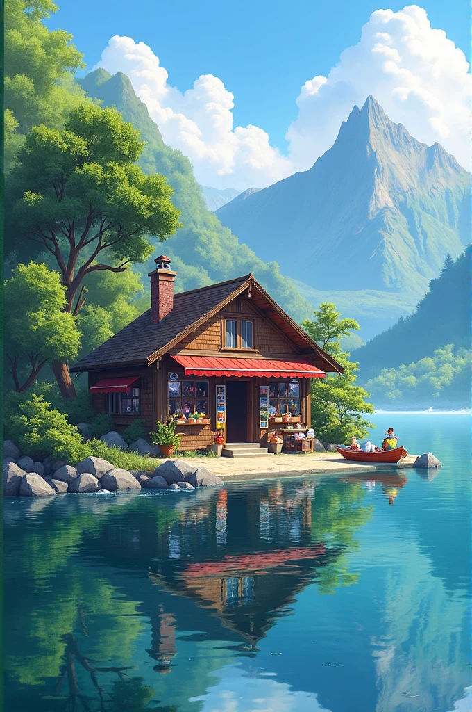 create an image of a tourist shop on the edge of a lake