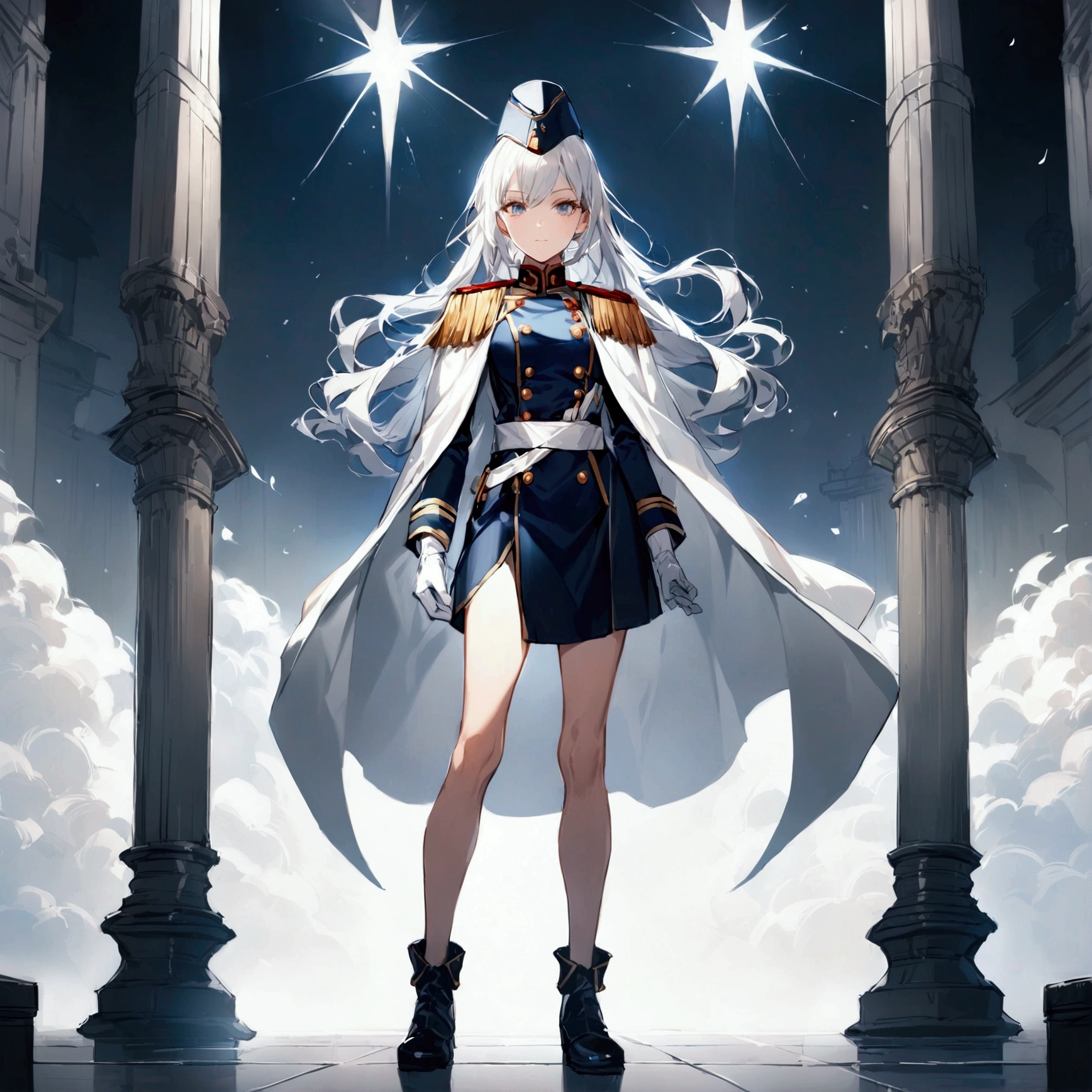 Office background, Military uniform, dark blue uniform, white glove, short white cape, military cap, military garrison cap, 1girl, white hair, shining hair, medium breast, full body shot, epic, facing viewer,