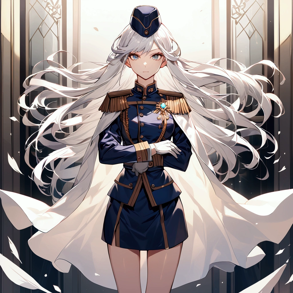 Office background, Military uniform, dark blue uniform, white glove, short white cape, military cap, military garrison cap, 1girl, white hair, shining hair, medium breast, full body shot, epic, facing viewer,