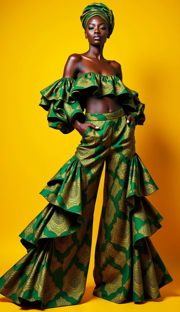 A striking image of a model wearing a bold and dramatic African-inspired ensemble against a yellow background. The outfit features a voluminous, tiered design with intricate patterns in green and gold, creating a stunning visual contrast. The model's off-the-shoulder crop top and matching wide-legged pants are both adorned with ruffled layers that add movement and texture to the look. She accessorizes with a matching headwrap, emphasizing the cultural roots of the design. Her dark skin tone and confident pose enhance the elegance and power of the attire, creating a visually arresting composition.
((bold African-inspired fashion)), ((voluminous tiered outfit)), ((intricate green and gold patterns)), ((off-the-shoulder crop top)), ((wide-legged pants)), ((ruffled layers)), ((matching headwrap)), ((yellow background)), ((elegant pose)), ((striking contrast)) BREAK ((highres:1.5)), ((best quality:1.6)), ((fashion editorial:1.4)), ((cultural heritage:1.3)).
