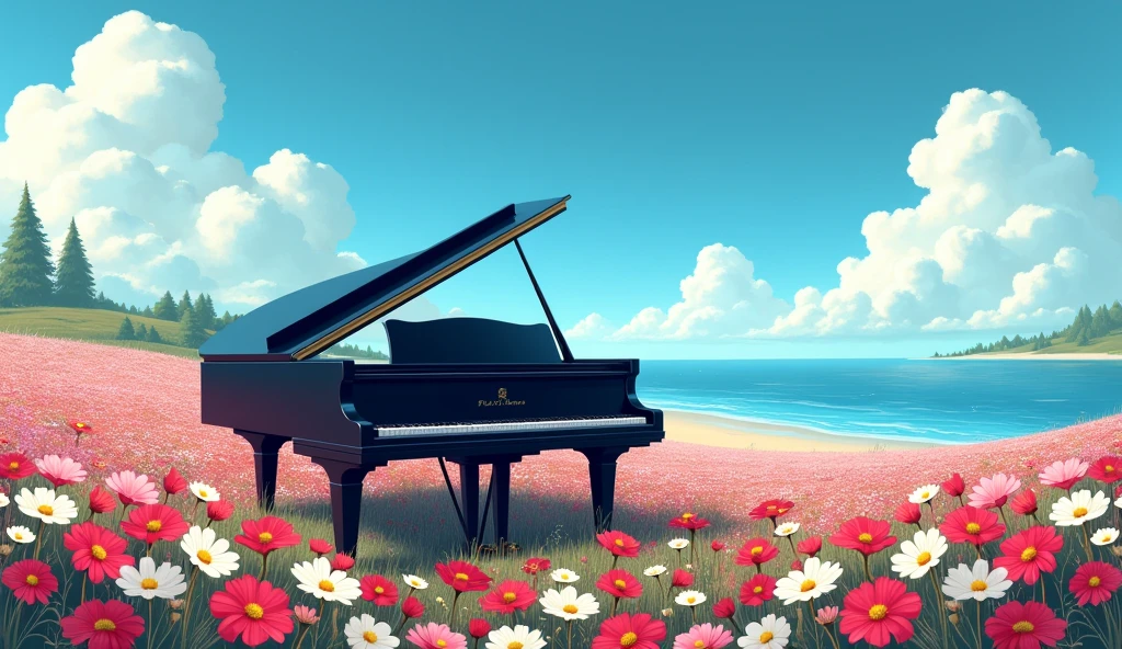 「Under the blue sky、グランドpianoが置かれたFlower Field、黒いグランドpiano、White fluffy clouds、Fantastic landscape」 「グランドpiano、Mysterious atmosphere、Digital Art」 「piano、Flower Field、Fantastic landscape、Silence、Lonely」Flowers swaying in the wind、Cosmos in a variety of colors, including red, white, pink, and yellow、You can see the ocean