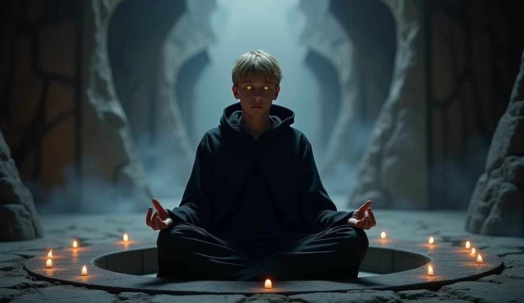 Character based on the world of Star Wars, a 15 years ager male sith apprentice, dark blonder short hair, yellow eyes, dark simple cloats, inside a dark sith temple, high realism, perfect anatomy, perfect eyes, meditating inside a circlefrontal, 4K, 1boy, many sith lords dark spirits around him