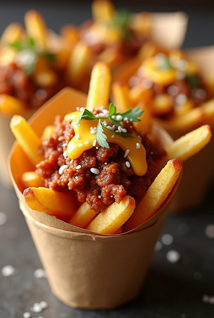 Please create an image of french fries in paper cones with shredded meat topping, melted cheese and sauces