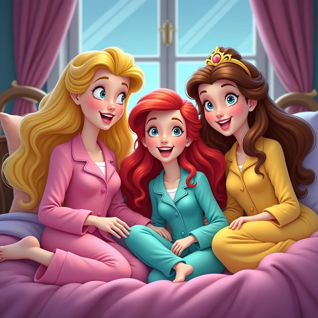 blond sleeping Beauty in a pink pijama, Ariel in turquoise pijama and Belle in a yellow pijama. the 3 friends in a slumber party laughing and having fun