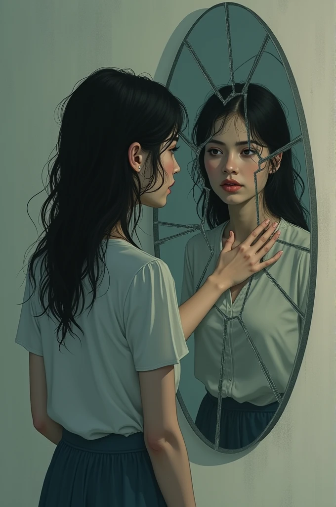 A woman looking at her reflection in a broken mirror. She is standing with a sad expression on her face and has one arm touching the glass. illustration