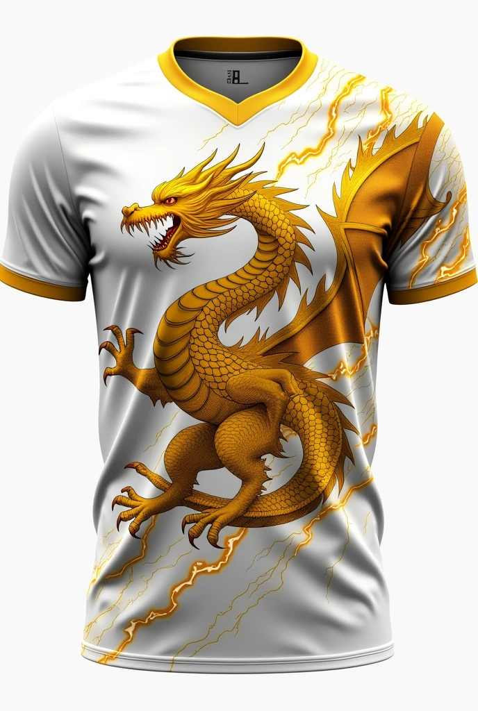 Create an interclass futsal school shirt,that has a dragon and lightning bolt design on the print,and that it be white and gold.