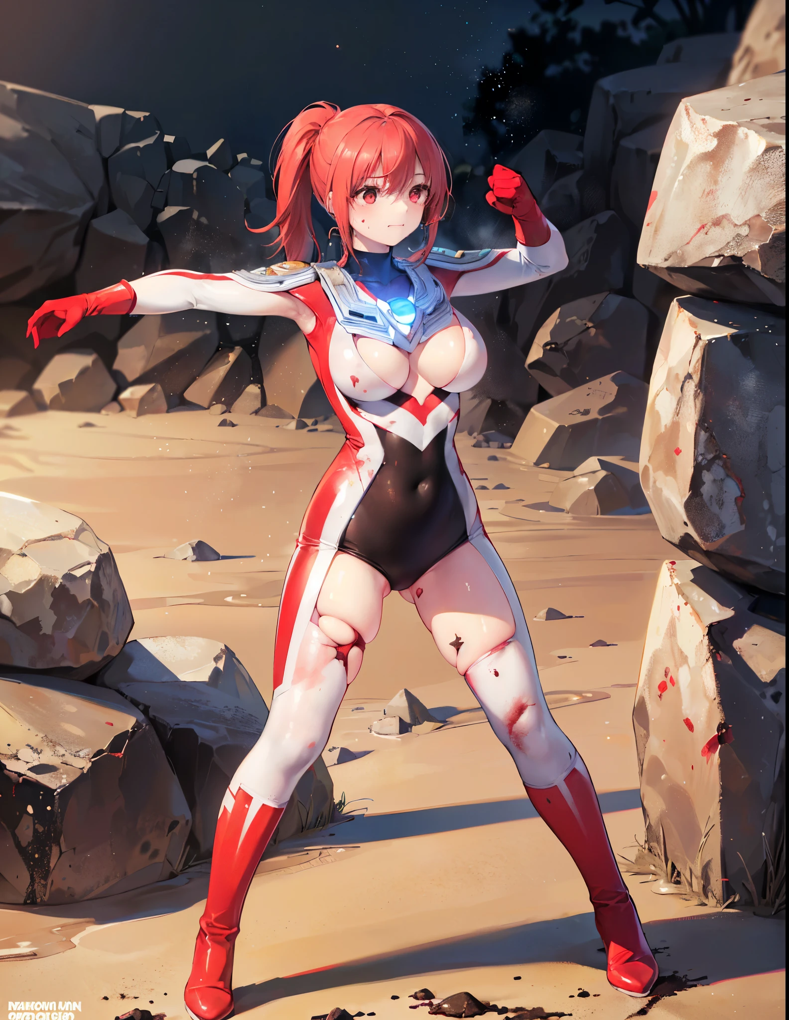 (Close-up:1.2),Realistic,Highest quality, Ultra Detail, High-quality CG rendering, The most delicate and beautiful, Floating softly, High resolution, (One huge person), (Highest quality,4K,8k,masterpiece:1.2),(All red hair:1.5), (ponytail:1.5),(Red eyes:1.5), (Ultra Girl:1.0), (All red Ultraman bodysuit:1.4),(Do not expose your skin:1.6),(Slightly larger breasts:1.5),(Red gloves:1.3),(Red Shoes:1.3),(whole body:1.3),(Are standing:1.3),(Plain surrounded by rocks:1.3),(Brown sandy ground:1.3),(Fighting Pose:1.3),(sweating:1.3),(Wounded:1.3),(Brown mud stains:1.3),(front:1.4)
