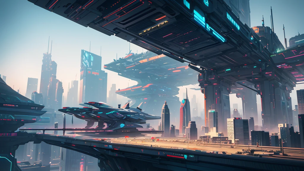 a futuristic cyberpunk city in a desert, high angle view, science fiction, intricate detailed architecture, neon lights, skyscrapers, flying vehicles, advanced technology, solar panels, energy domes, hover platforms, android pedestrians, robot guards, futuristic street scene, dynamic composition, dramatic lighting, cinematic atmosphere, photorealistic, 8k, masterpiece