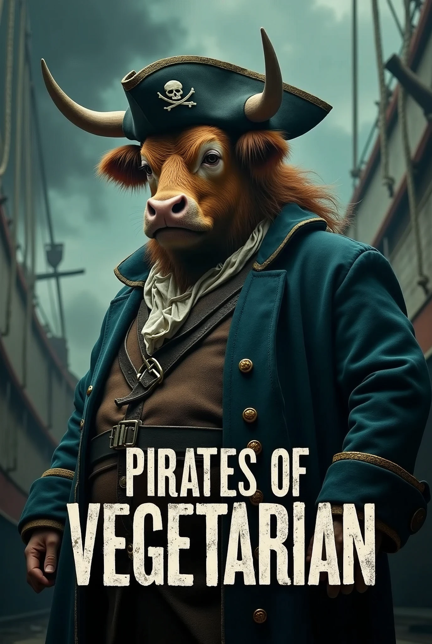 Create a cinematic poster featuring photorealistic portrait of Dressed animals - a ((fat)) cow pirate, , wearing pirate costume and pirate hat , with a serious, intense expression, He should be slightly off-center in the composition, The background should be dark and gritty, pirate's ship with smoky or grunge textures, Use a color scheme of black, deep blues, and dark greens, with subtle silver or gold accents to capture the show's mood, At the bottom of the poster, place the text "PIRATES OF VEGETARIAN" in large, bold, distressed letters, in a sans-serif font. The text should have a cinematic style, with slight shadow or glow effects to make it stand out against the background.
