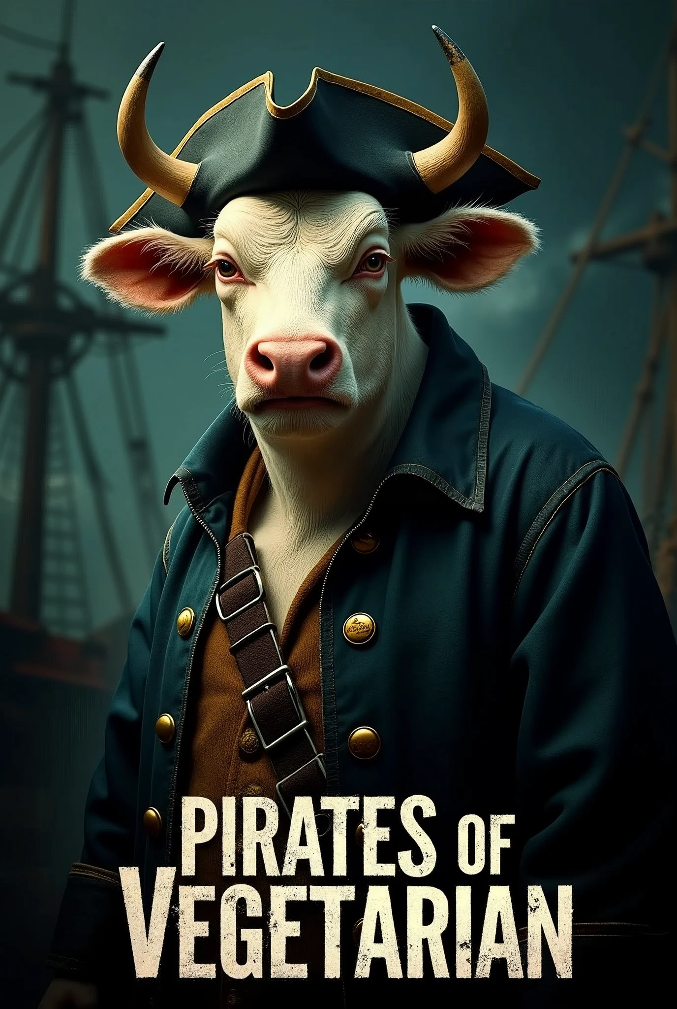 Create a cinematic poster featuring photorealistic portrait of Dressed animals - a ((fat)) cow pirate, , wearing  pirate costume and  pirate hat , with a serious, intense expression, He should be slightly off-center in the composition, The background should be dark and gritty, pirate's ship with smoky or grunge textures, Use a color scheme of black, deep blues, and dark greens, with subtle silver or gold accents to capture the show's mood, At the bottom of the poster, place the text "PIRATES OF VEGETARIAN" in large, bold, distressed letters, in a sans-serif font. The text should have a cinematic style, with slight shadow or glow effects to make it stand out against the background.