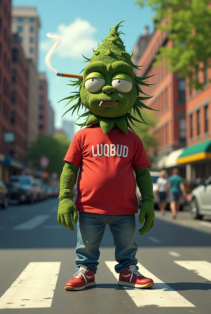 EMOJI of a CANNABIS smoking a cigarette on a NY street above the crosswalk with a shirt that says LUQBUD in red on a summer afternoon
