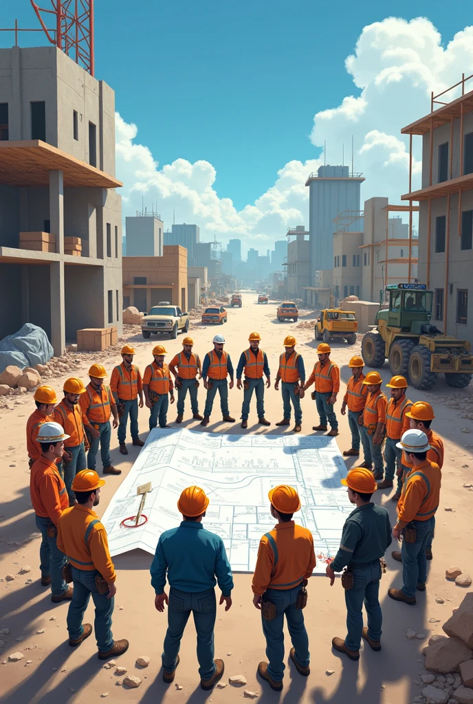 Draw an illustration of construction workers working.。
Please draw about 20 people。
Draw them looking at a blueprint and discussing。