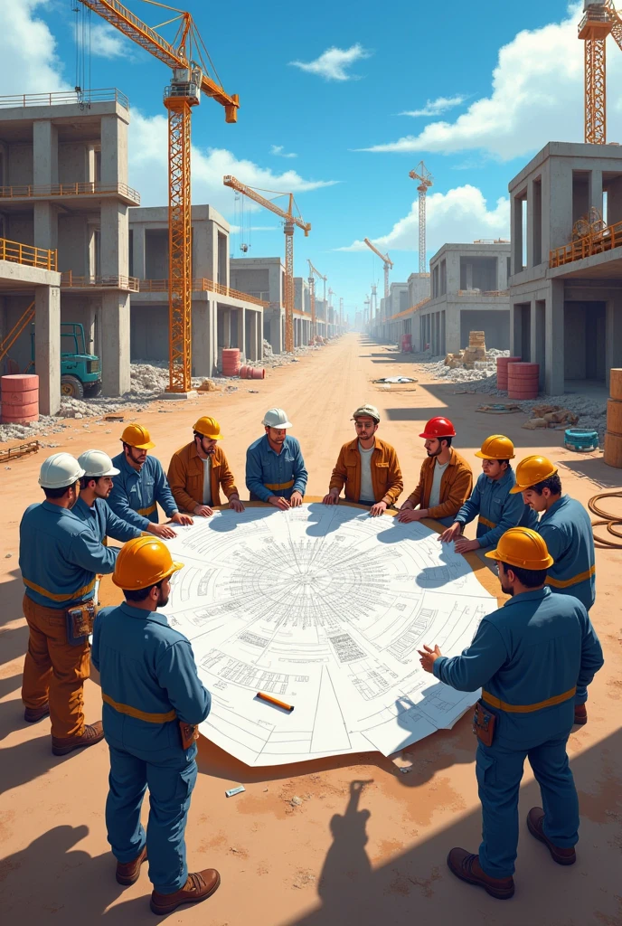 Draw an illustration of construction workers working.。
Please draw about 20 people。
Draw them looking at a blueprint and discussing。