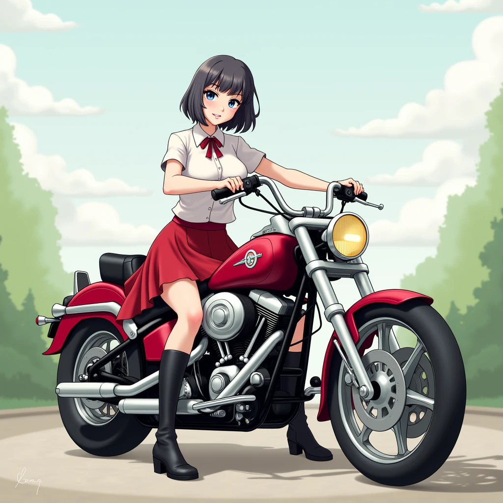 1 girl, big breasts, Red skirt, by the wide, by rubio, blue eyes, White shirt, Schoolgirl, black boots, nature, fancy, on a chopper motorcycle