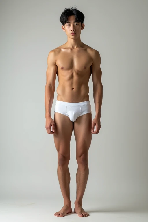 Tall handsome young asian man no shirt  with sixpack, skinny, abit atletic, black hair, straight pose, wearing white underwear and bare foot, long legs,  full body picture!!!.