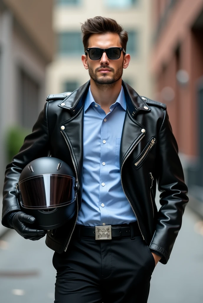 Handsome university male student with sunglasses, his face clean shaved against the grain , holds a black helmet and he wears 
   black formal shoes,   black business pants, black leather belt with silver square automatic buckle ( not simple),    light blue formal shirt,    he also wears biker gloves,  he has zipped up a bit his biker jacket which has protectors on shoulders and elbows.
