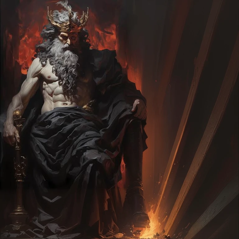 a painting of a man with a horned head sitting on a throne, the god hades, portrait of hades, furious god zeus, hades, the god zeus, wlop jeremy lipkin, beautiful male god of death, painted portrait of rugged zeus, art of wlop and greg rutkowski, by Karl Kopinski, the god hephaestus