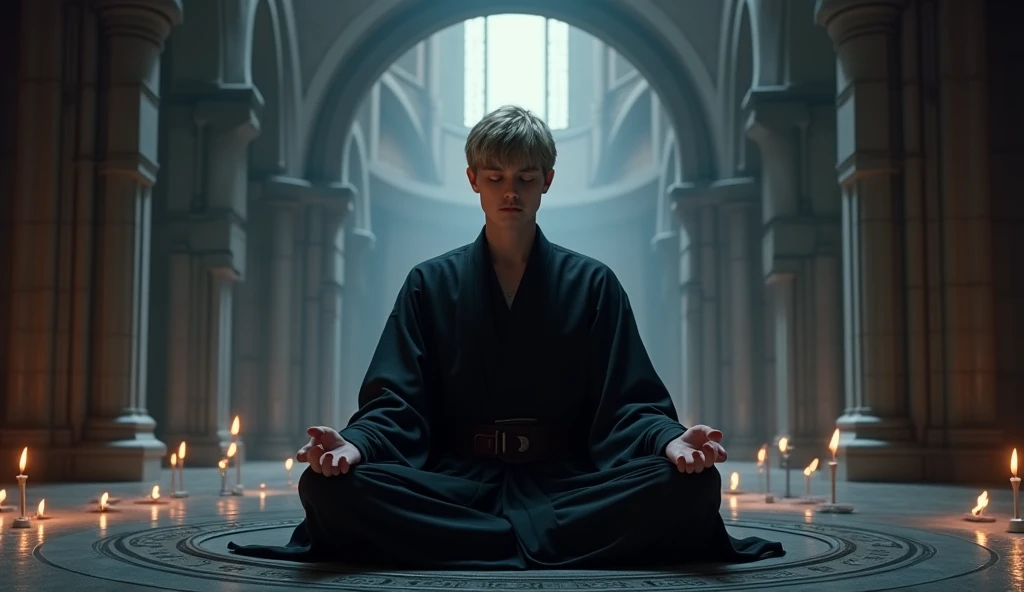 Character based on the world of Star Wars, a 15 years ager male sith apprentice, dark blonder short hair, yellow eyes, dark simple cloats, inside a dark sith temple, high realism, perfect anatomy, perfect eyes, meditating inside a circlefrontal, 4K, 1boy, dark spirits around him,