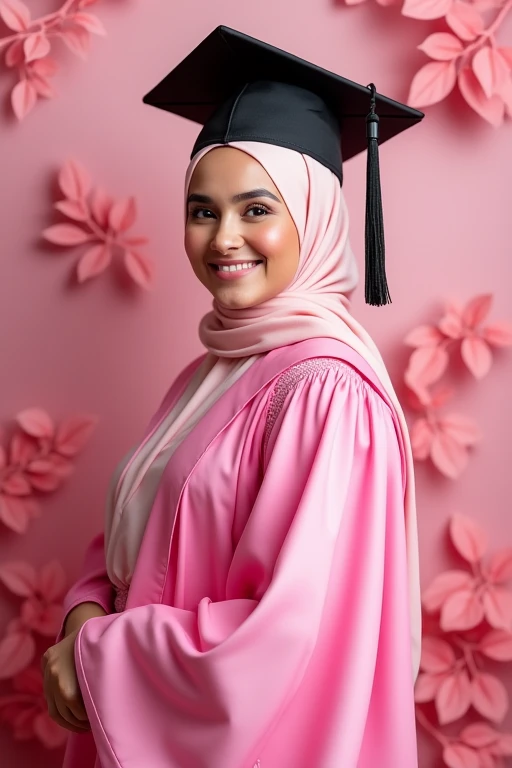 Best quality photo, A women,wearing hijab, wearing black graduation hat, in pink graduation gown, pink theme background, kawai theme background, leaf effect background, cute design, bright results