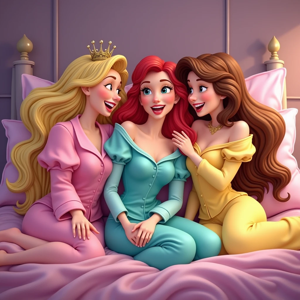 blond sleeping Beauty in a pink pijama, Ariel in turquoise pijama and Belle in a yellow pijama. the 3 friends in a slumber party laughing and having fun