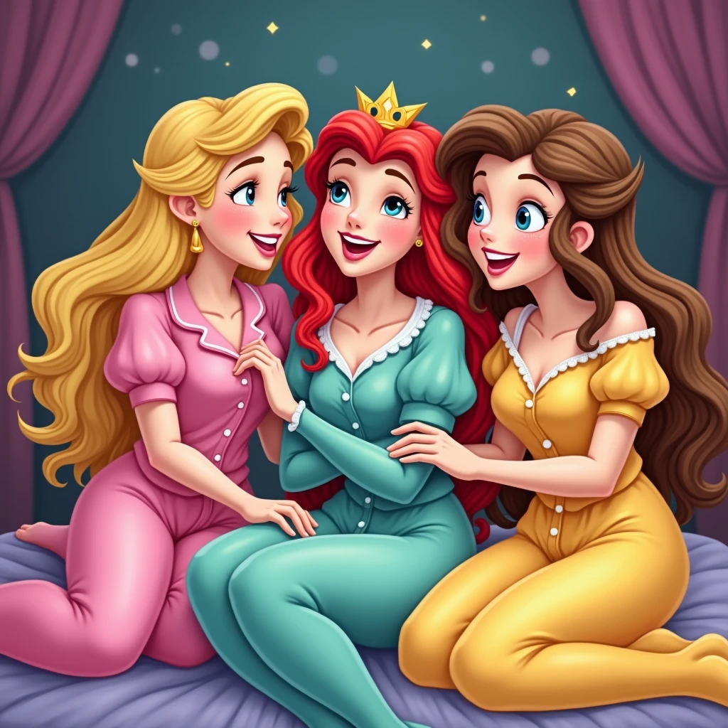 blond sleeping Beauty in a pink pijama, Ariel in turquoise pijama and Belle in a yellow pijama. the 3 friends in a slumber party laughing and having fun