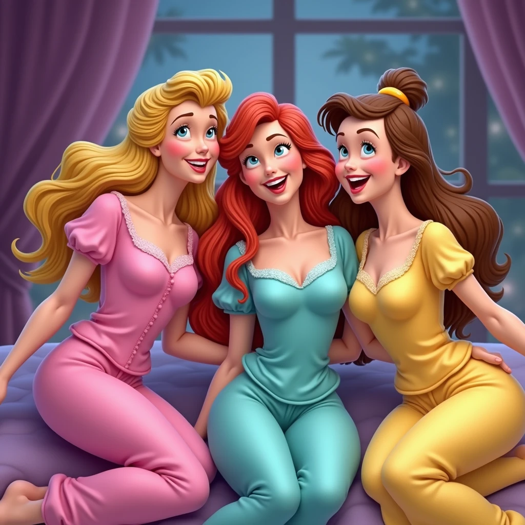 blond sleeping Beauty in a pink pijama, Ariel in turquoise pijama and Belle in a yellow pijama. the 3 friends in a slumber party laughing and having fun