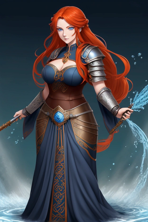 Hydris Glacia, female adult irish, curvy build, bright orange long wavy hair, blue eyes, have her using water magic. She has a warm expression, wears a navy blue tunic, with armor, ancient greek style, with silver jewelry, surrounded by whirlpools.