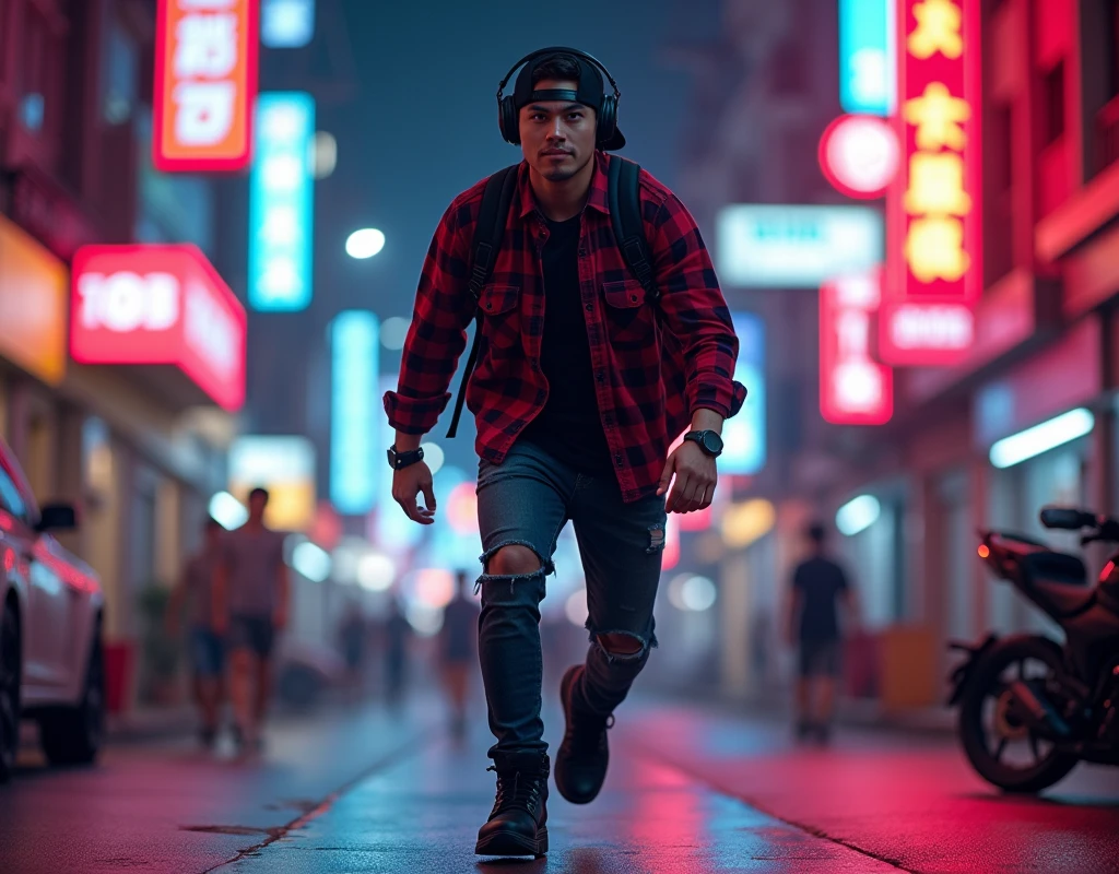 Hyper realistic, a 28 year old Indonesia man jumping on the neon cyberpunk street, ideal body, look straight ahead, wearing dark red flannel shirt and dark ripped jeans pants and black hiking hi-shoes with black backward trucker hat, wear dark leather backpack, wear headphone, masculine photoshoot pose, arrogant man expression, happy, romantic, Bandung night town as background. Use soft photography lighting. top lighting. top lighting, slide lighting, high quality photos, UHD, 64k. shot with Canon EOS 5D Mark IV, cinematic portrait, Realistic face, not changing face, no mustache, Real photo, unchanging face, background change. Real Picture 8k ultra, man, gamer, hyper detailed, sharp focus, studio photo, intricate details, highly detailed, photo real, bright colors, digital graphics, unreal engine, blender art, perfect composition, octane rendering, masterpiece, sharp focus, high detail, art station, concept art, perfect composition, a model of ultra-high quality and clarity, perfect play of light and shadow, 32k UHD, hyper-detailing, complex artistic masterpiece, ((best quality)), ((masterpiece)), (detailed), perfect face