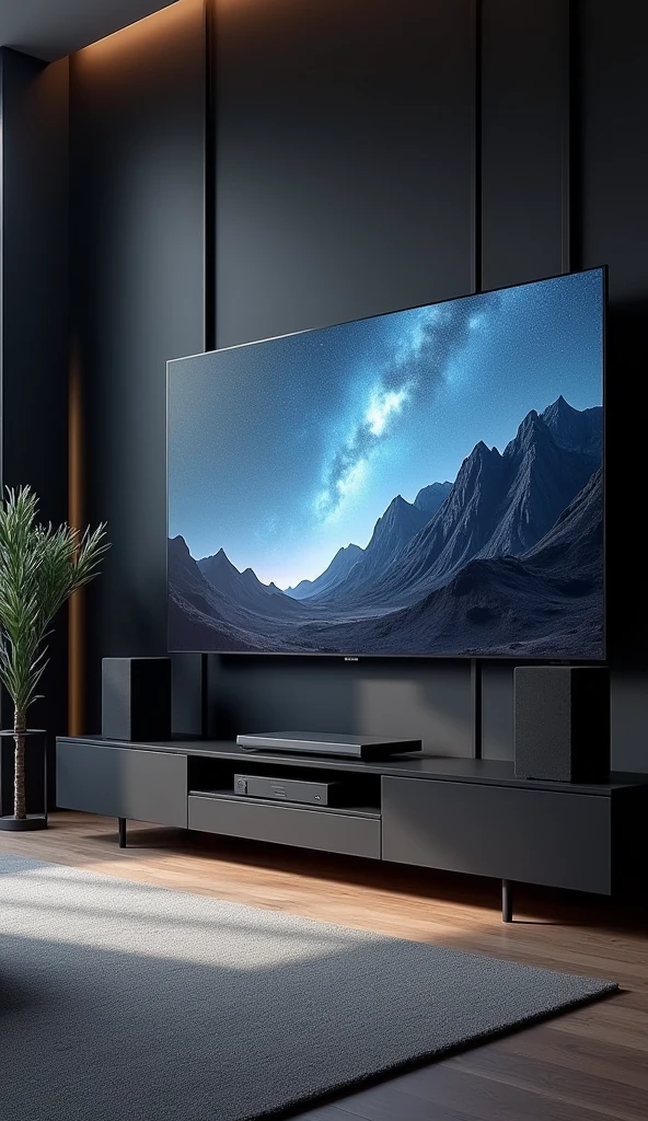 TV stand with speakers and speaker system, black oled background,
Personal room background, 8k vertical screen wallpaper
