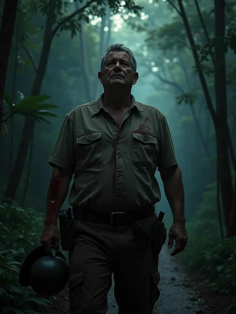 A middle-aged man in a remote Amazonian town, standing on a dark, narrow path surrounded by dense, whispering trees. His face shows a mix of fear and determination as he holds his wounded arm, blood trickling down from deep, fresh cuts. He wears rugged work clothes, dirt-stained and torn, with a miner's helmet hanging loosely from his hand. The scene is illuminated by a faint, eerie light, casting long shadows behind him, emphasizing the tense atmosphere of the encounter. The dark forest looms ominously, as if hiding unspeakable horrors within its depths.
