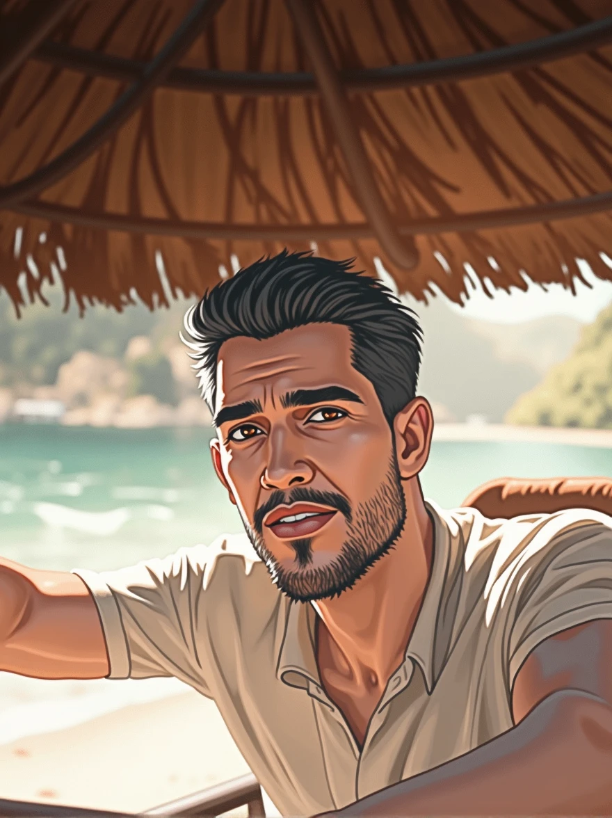 34 year old Brazilian man with honey colored eyes traveling