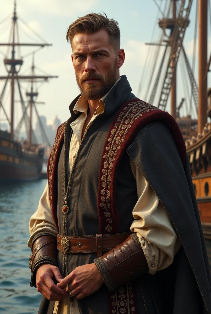 Create a realistic image of a medieval gentleman with light brown hair., short beard, typical clothes of an Essos noble. Ao fundo, build a ship port