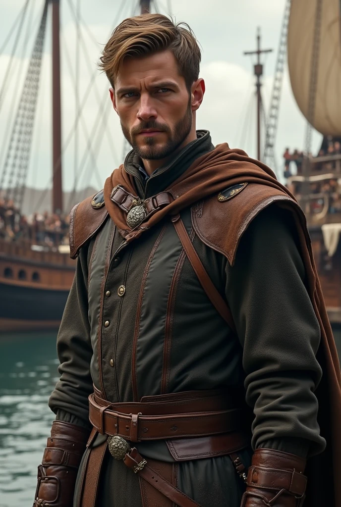 Create a realistic image of a medieval gentleman with light brown hair., short beard, typical clothes of an Essos noble. Ao fundo, build a ship port