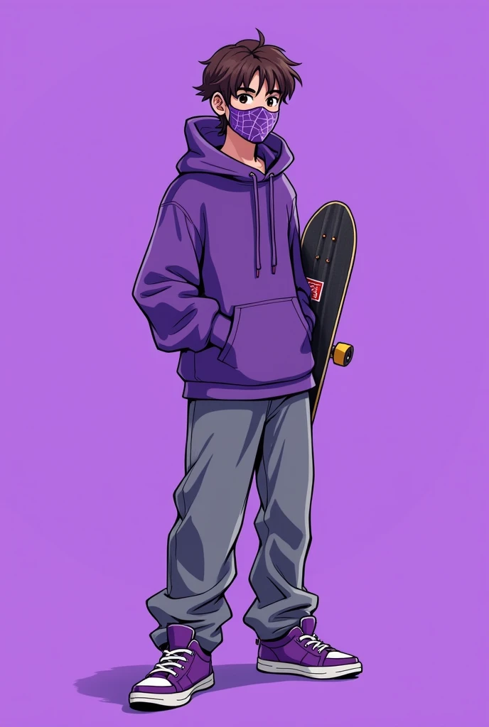 male gacha club drawing with a purple spiderman mask, purple hoodie and loose gray pants, with purple shoes and with a skateboard and brown eyes and brown hair, with a solid purple background