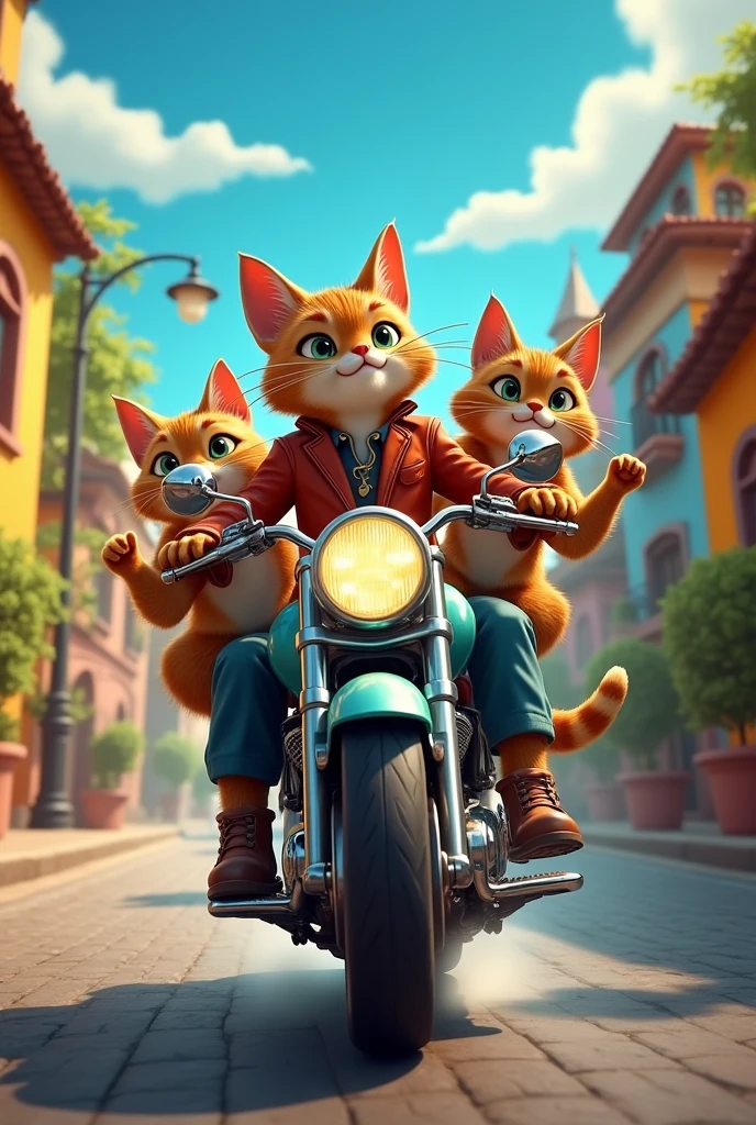 From the fable, Don Gato and his gang on a motorcycle