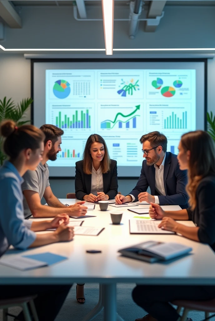 In a brightly lit office, a diverse group of five professionals is deeply engaged in a planning session. They are gathered around a large table covered with vibrant charts, graphs, and digital devices, suggesting a focus on finances and marketing strategies. The collaborative atmosphere is evident as each member contributes, pointing out specifics on the documents or tapping away on laptops, demonstrating effective teamwork and complex problem-solving in action.