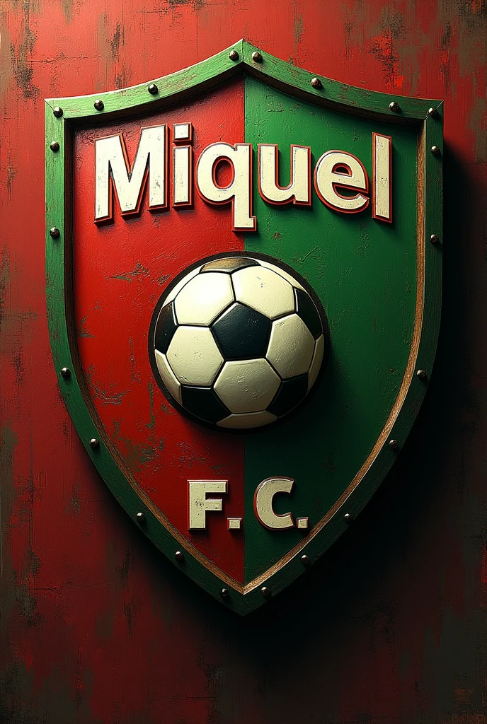 Football team shield with green and red colors and with the name Miguel and with the letters F.C inside a ball