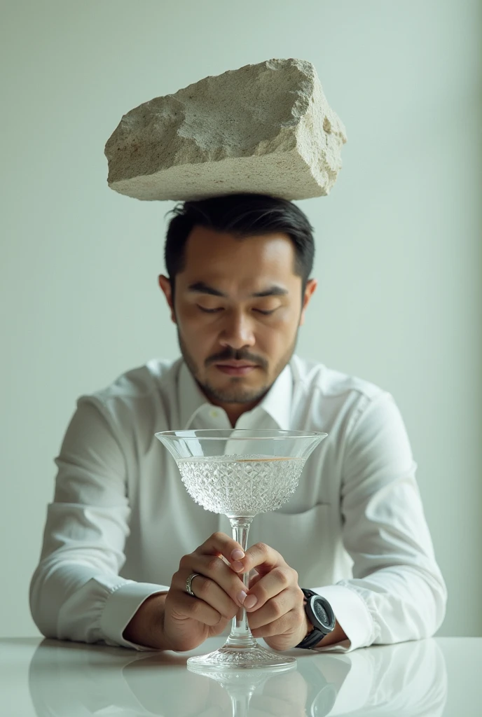 Man balancing a stone on a crystal goblet