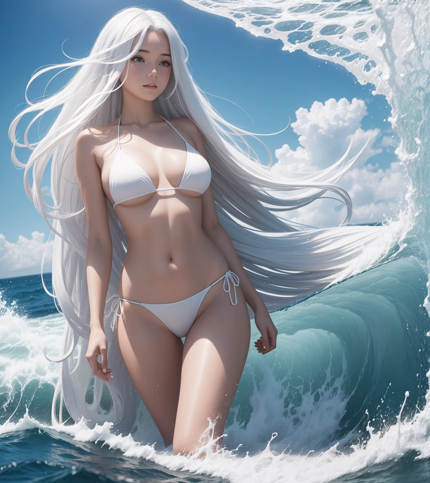 a girl in a white bikini, long white hair, in the middle of the sea. huge waves behind her
