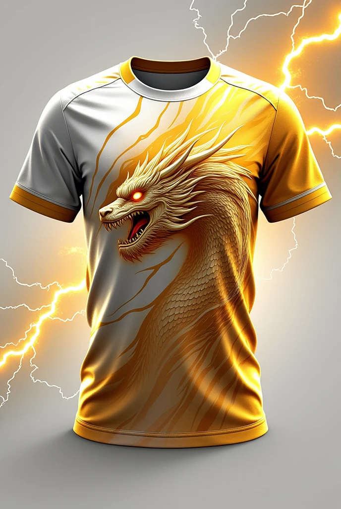 Create a school futsal interclass shirt,that has a mystical dragon design and lightning bolts in the print,and that it be white and gold.