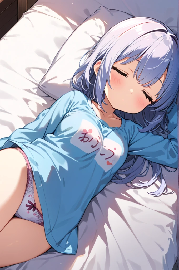 1girl, cute,(medium quality), uhd panties with cute print peeking out, in bed sleeping, sleep shirt