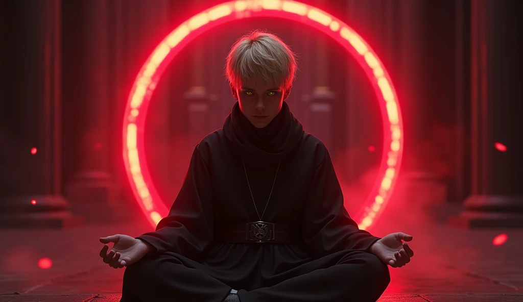 Character based on the world of Star Wars, a  male sith apprentice, dark blonder short hair, yellow eyes, dark simple cloats, inside a dark sith temple, high realism, perfect anatomy, perfect eyes, meditating inside a blood circle, frontal, 4K, 1boy, very dark spirits around him, 