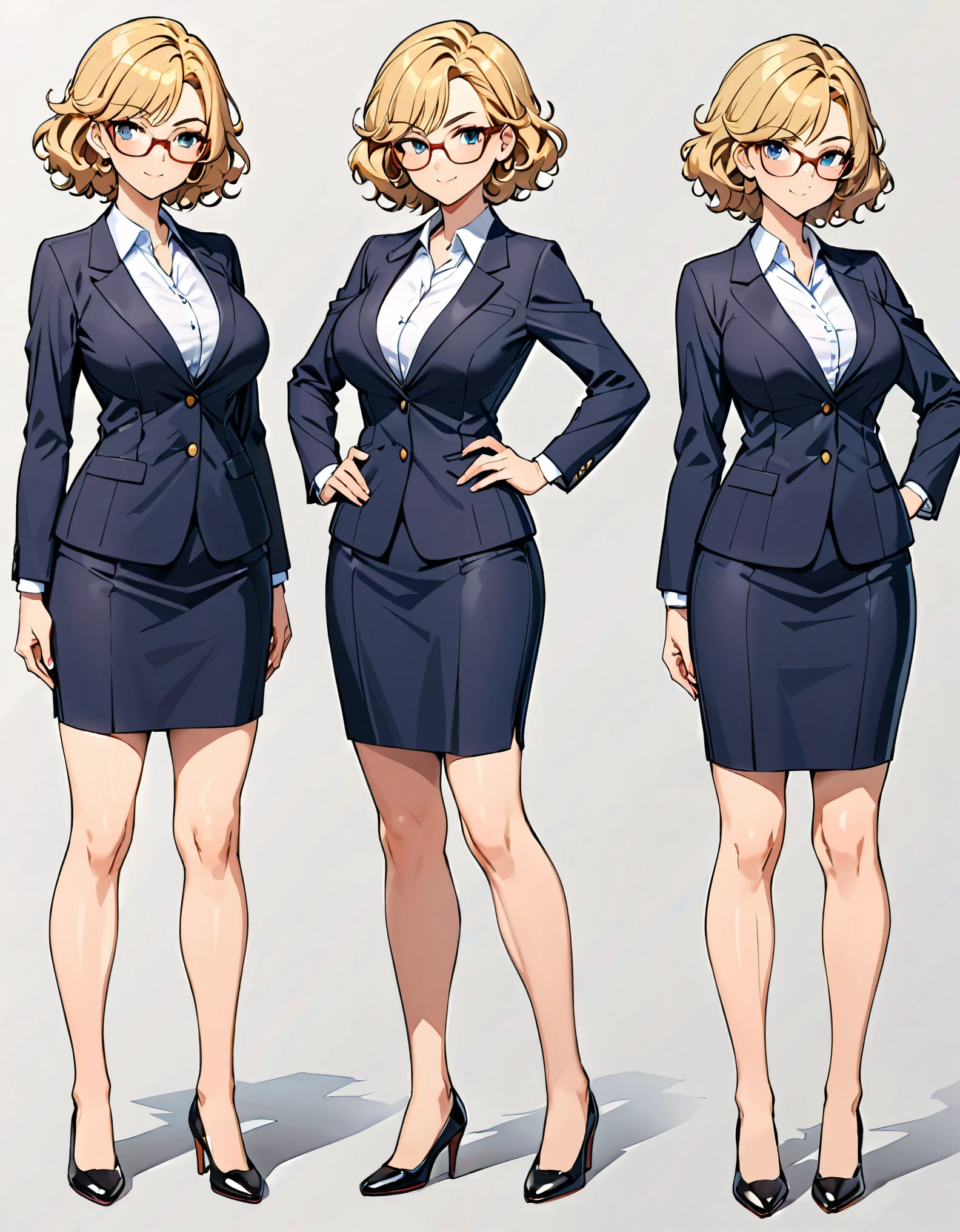 masterpiece, best quality, hires, 1girl, equal height, finger proportions coordination, medium breasts, suit, skirt, pencil skirt, bare legs, glasses, shoes, solo, single, hands on hip, standing, beautiful detailed eyes, beautiful detailed face, blonde hair, (short hair), wavy hair, mature lady, teacher, perfect body, good proportions, Simple background, Multiple Views, Character Sheet Full-Length.