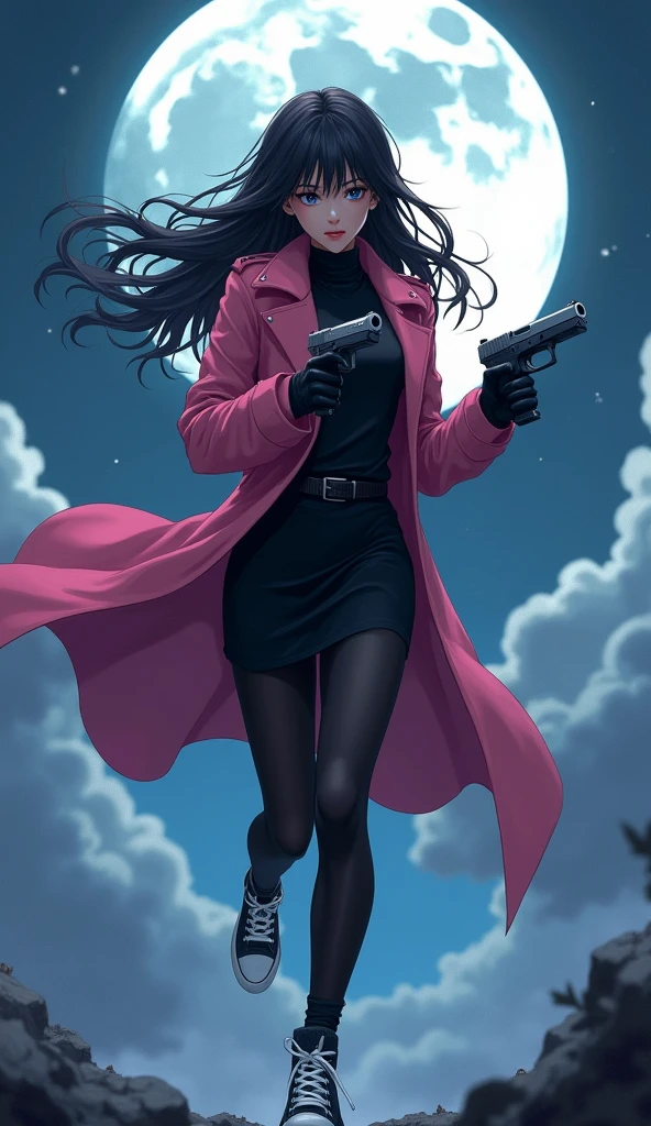 The one young woman, long black hairs, yuri, Vampire Hunters.
The young woman black eyes wear a pink long coat, black shirt, black pencil skirt, black underpants, black tights, black gloves, white sneakers high top.
holding a pistol handguns, running, black grey sky, fantastic night sky, moon, cartoon anime, 4K, HD