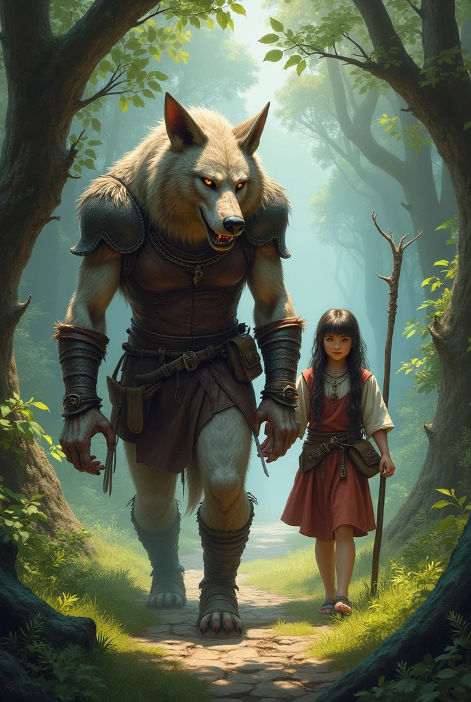 A werehyena with warrior features walking through a forest alongside a young commoner human girl.