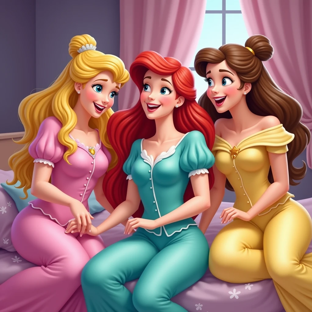 blond sleeping Beauty in a pink pijama, Ariel in turquoise pijama and Belle in a yellow pijama. the 3 friends in a slumber party laughing and making a pillow war