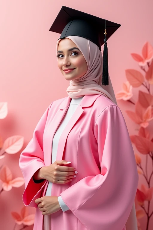 Best quality photo, A ,wearing hijab, wearing black graduation hat, in pink graduation gown, pink theme background, kawai theme background, leaf effect background, cute design, bright results 